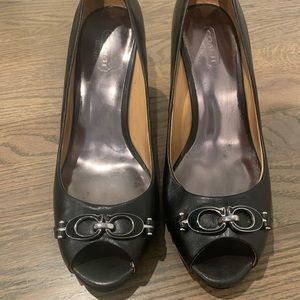 Coach Black Leather Open Toe Wedges